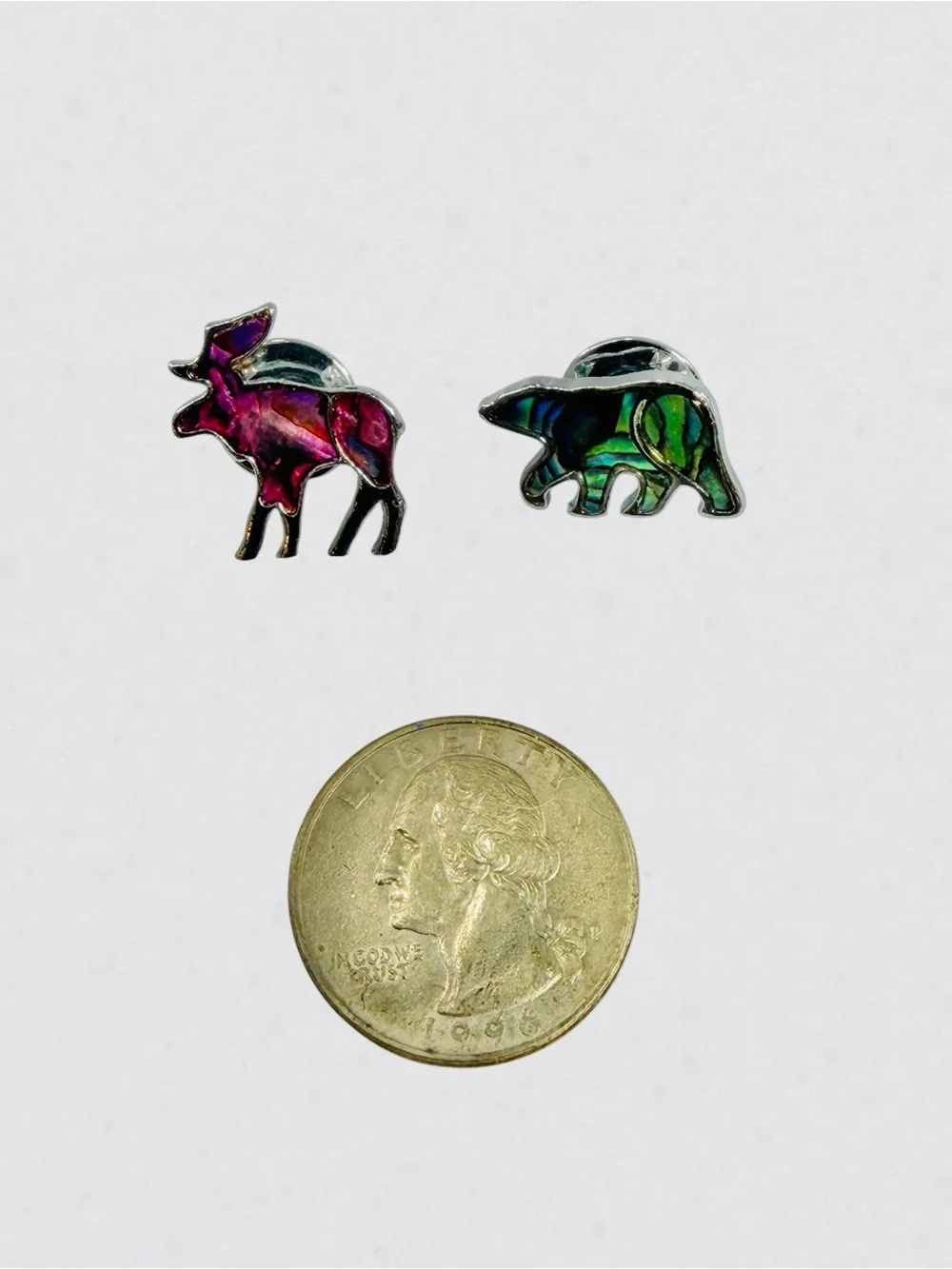 Moose Bear Pin Brooch Silver Tone Abalone Purple Green Pink Woods Camping Animal
